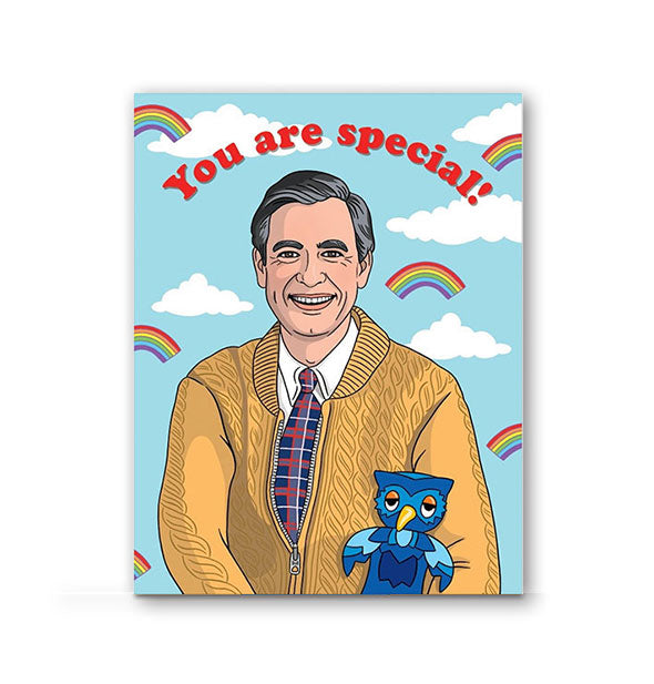 Rectangular greeting card featuring illustration of Mr. Rogers holding X the Owl against a blue background with puffy white clouds and rainbows says, "You are special!" in red lettering at the top