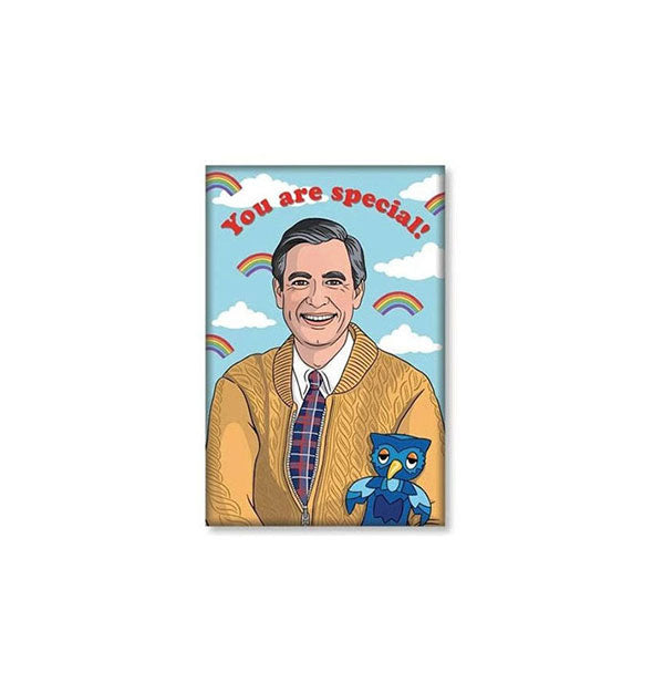 You Are Special! Mister Rogers magnet with his X the Owl puppet against a backdrop of clouds and rainbows.