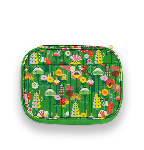 Rectangular green pouch with rounded corners features a front slip pocket, gold zipper tab, and all-over colorful floral artwork