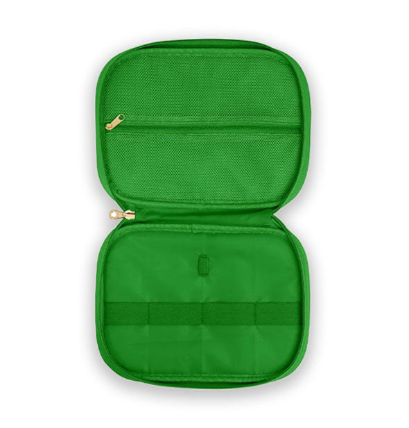 Opened pouch shows green interior with zip mesh pocket and elastic straps