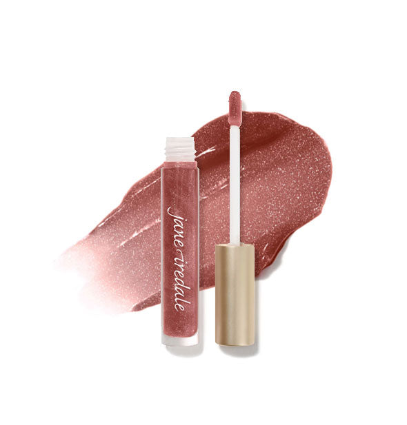 Tube of Jane Iredale HydroPure Hyaluronic Acid Lip Gloss with doe foot applicator cap removed and sample enlarged product application behind in shade Mocha Latte