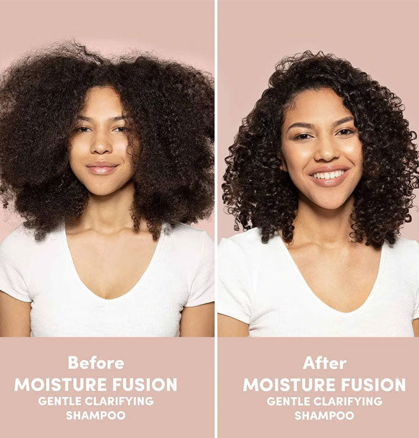 Side-by-side comparison of model's hair before and after cleansing with Mizani Moisture Fusion Gentle Clarifying Shampoo