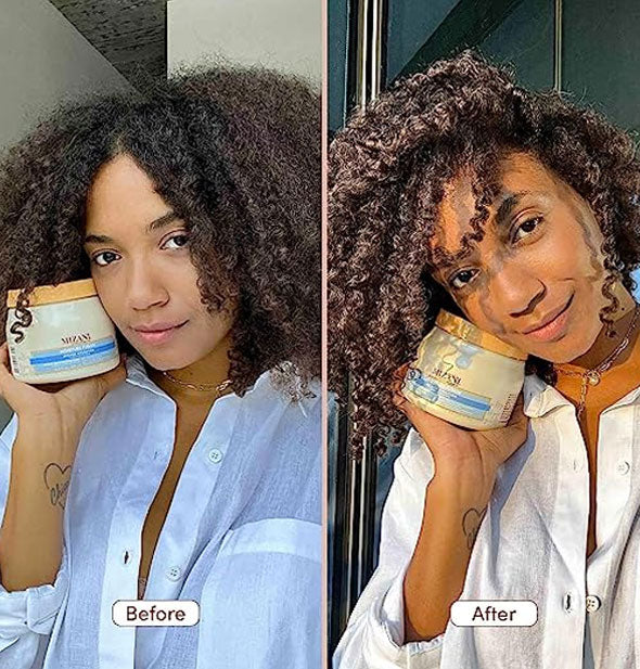 Side-by-side comparison of model's hair before and after using Mizani Moisture Fusion Intense Hydration Moisturizing Mask