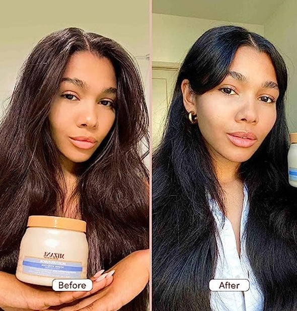 Side-by-side comparison of model's hair before and after using Mizani Moisture Fusion Intense Hydration Moisturizing Mask