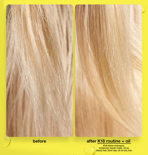 Side-by-side comparison of blonde hair before and after K18 routine + oil (K18 Detox Shampoo, Molecular Repair Mask, Oil on damp hair, blow dry, oil on dry hair)