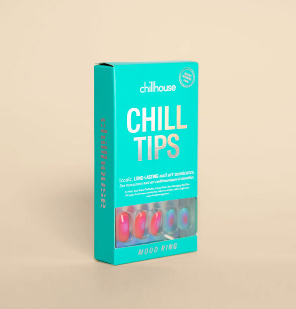 Teal box of Chillhouse Chill Tips pink and blue Mood Ring press-on nails with samples visible through packaging window
