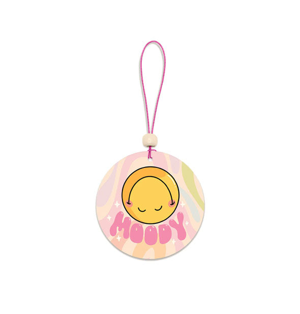 Round "Moody" upside down smiley face air freshener on pink string with white bead accent