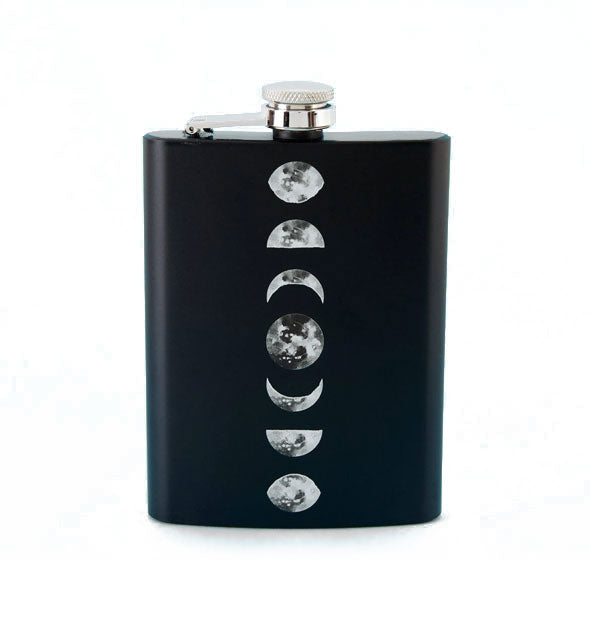 Rectangular black flask with steel cap features images of moon phases down the center