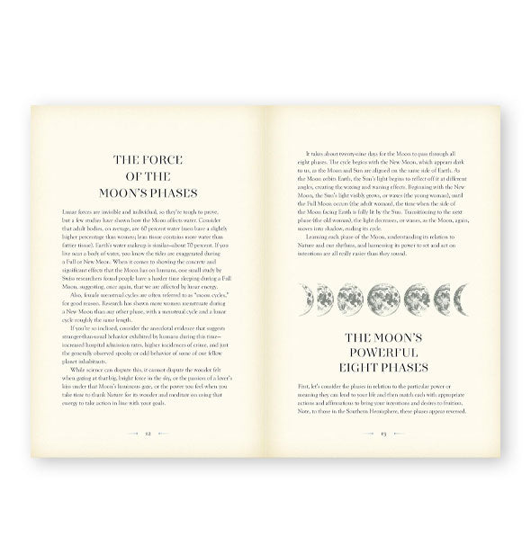 Page spread from Moon Magic features sections titled, "The Force of the Moon's Phases" and "The Moon's Powerful Eight Phases"