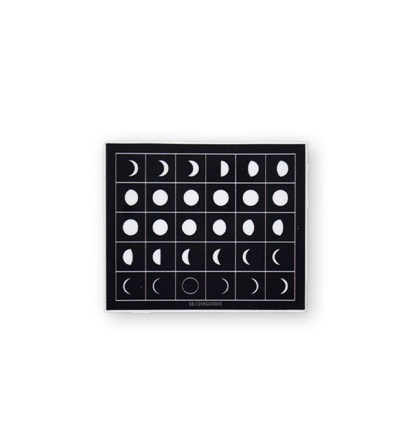 Dark rectangular sticker features a grid outline with all the moon's phases printed in white