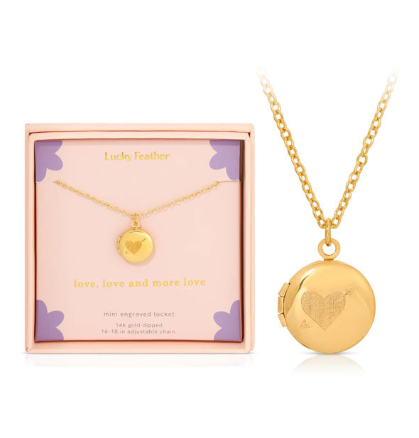 "Love, Love and More Love" round gold engraved heart with arrow locket necklace is shown in detail next to its gift box packaging