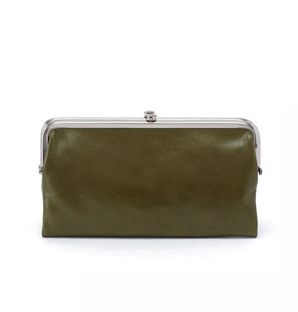 Olive green leather wallet with silver-toned top frame hardware