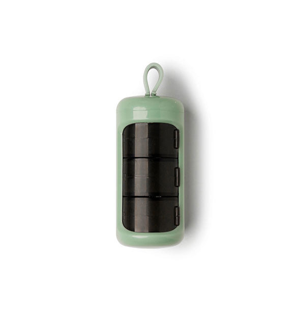 Green Care Capsule Pill & Vitamin Pod with silicone hanging loop and three sections with black lids
