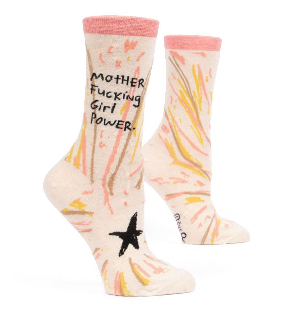 Pair of light-colored crew socks with pastel design and black star accent say, "Mother Fucking Girl Power." in black lettering on the ankle
