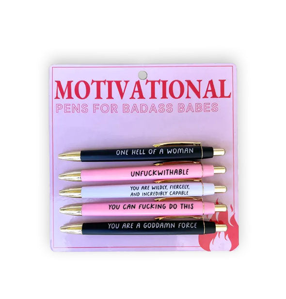 Pack of five Motivational Pens for Badass Babes in alternating black, pink, and white with printed sayings