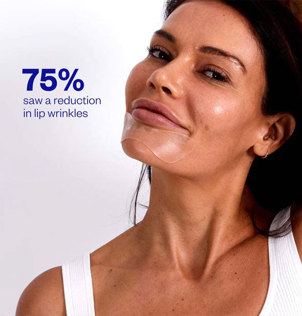 Model wears a clear silicone patch on chin directly under lower lip; caption reads, "75% saw a reduction in lip wrinkles"