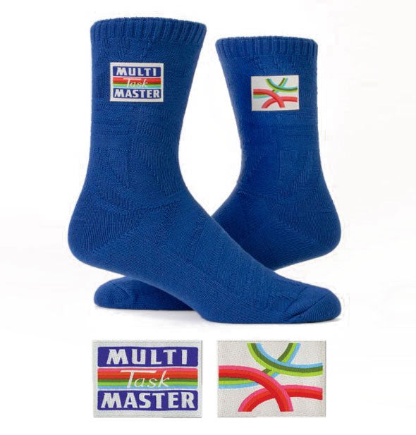Royal blue socks featuring colorful,, sewn-on labels, one of which says, "Multi Task Master"