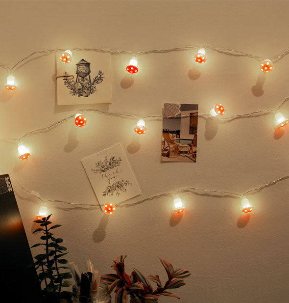 Red and white mushroom lights strung up on a wall with pictures
