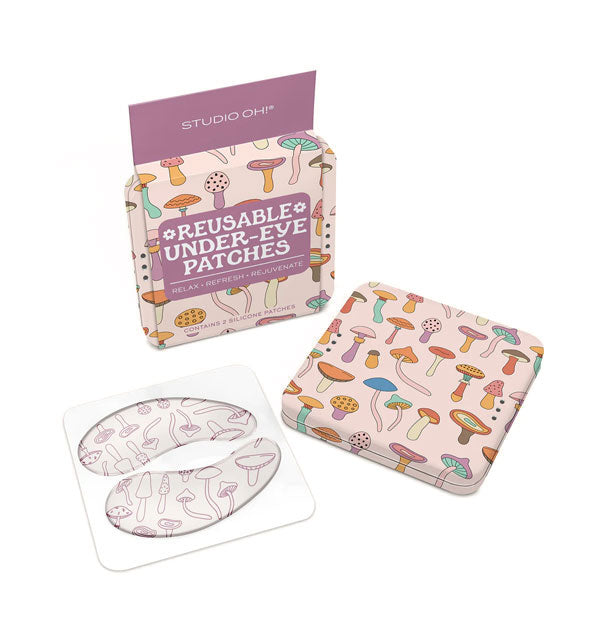 Contents of the Mushroom Melody edition of Studio Oh! Reusable Under-Eye Patches: white and purple mushroom print patches and multicolored mushroom print square storage tin