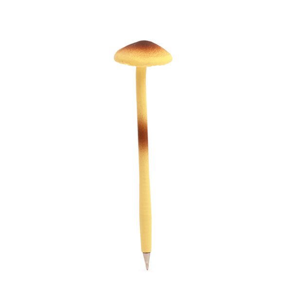 Writing pen shaped to resemble a yellow and brown mushroom