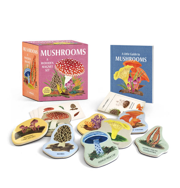 Contents of the Mushrooms Wooden Magnet Set: colorful labeled magnets, booklet, and box