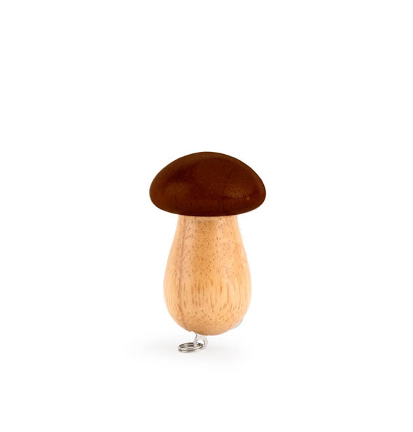 Smooth two-tone wooden mushroom with silver keychain hardware attached