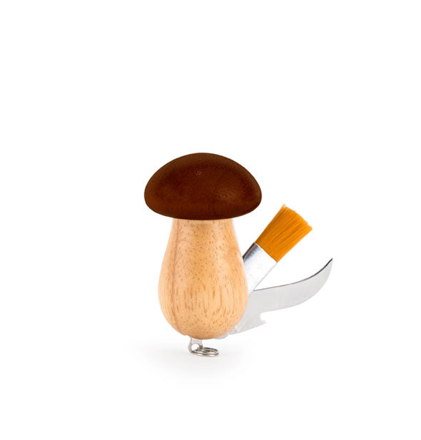 Smooth two-tone wooden mushroom keychain with silver blade and brush attachments shown extended from inside the body