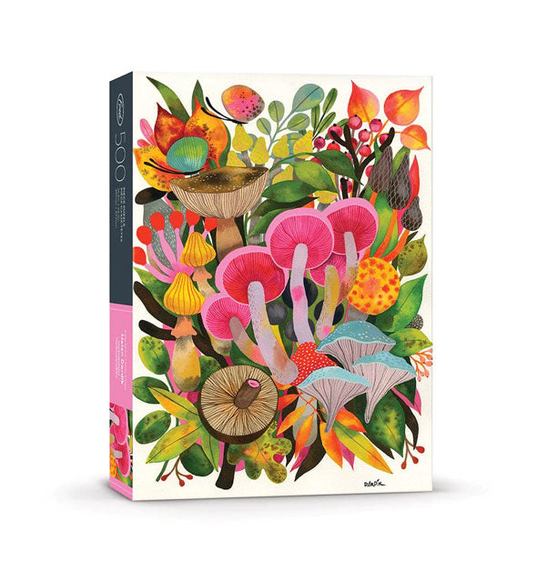 500-piece jigsaw puzzle box featuring vibrant, colorful artwork of mushrooms, leaves, berries, and other flora