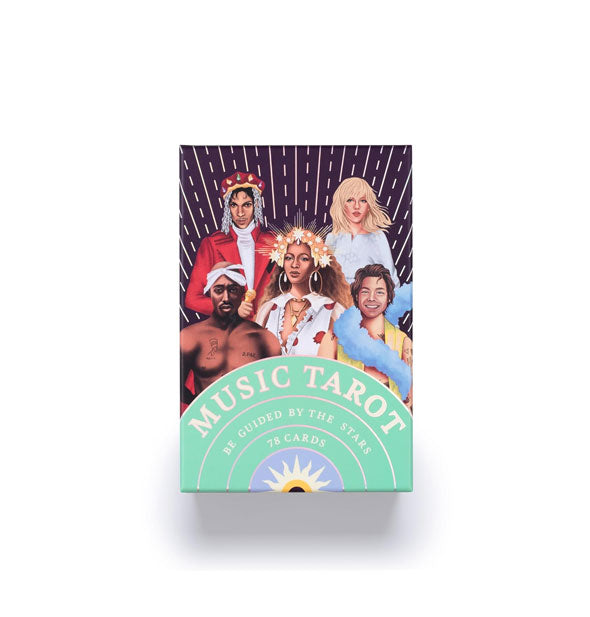 Music Tarot card deck box features illustrated portraits of Prince, Tupac, Beyoncé, Taylor Swift, and Harry Styles