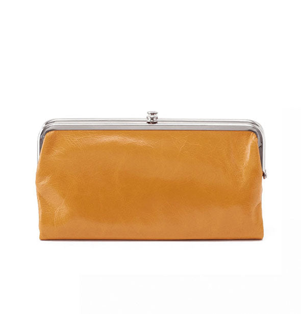 Mustard yellow leather wallet with silver-toned frame hardware