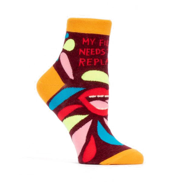 Pair of colorful socks with talking mouth graphic say, "My filter needs to be replaced"