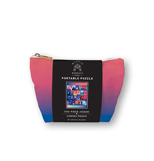 Blue-to-pink ombre zipper pouch with bloack label that says, "Mystic Mondays Tarot Portable Puzzle: 500-Piece Jigsaw & Canvas Pouch by Grace Duong"
