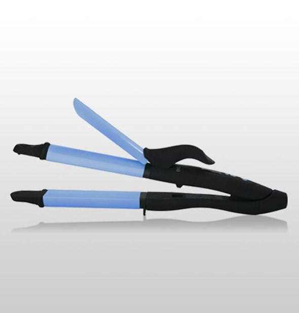 Blue and black styling iron with straightening and curling plate options
