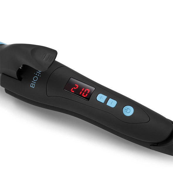 Closeup of the buttons and digital temperature display of the Bio Ionic NanoIonicMX 3-In-1 Styling Iron