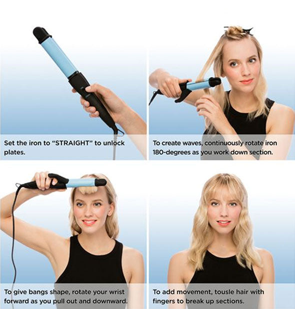 Model demonstrates use of the Bio Ionic NanoIonicMX 3-In-1 Styling Iron in four labeled steps
