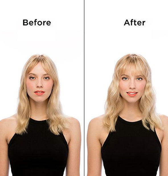 Side-by-side comparison of model's hair before and after styling with the Bio Ionic NanoIonicMX 3-In-1 Styling Iron
