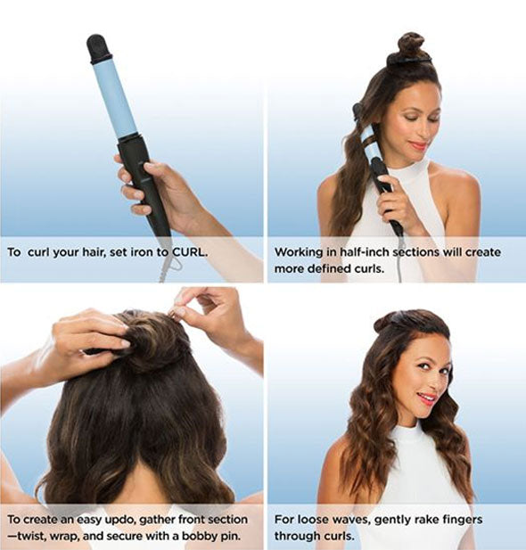 Model demonstrates use of the Bio Ionic NanoIonicMX 3-In-1 Styling Iron in four labeled steps