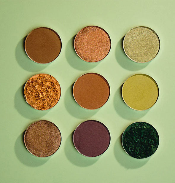 Nine round eyeshadow pots with an earthy color scheme