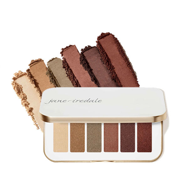 Opened white rectangular Naturally Glam Jane Iredale eye shadow palette features six shades in rich jewel tones