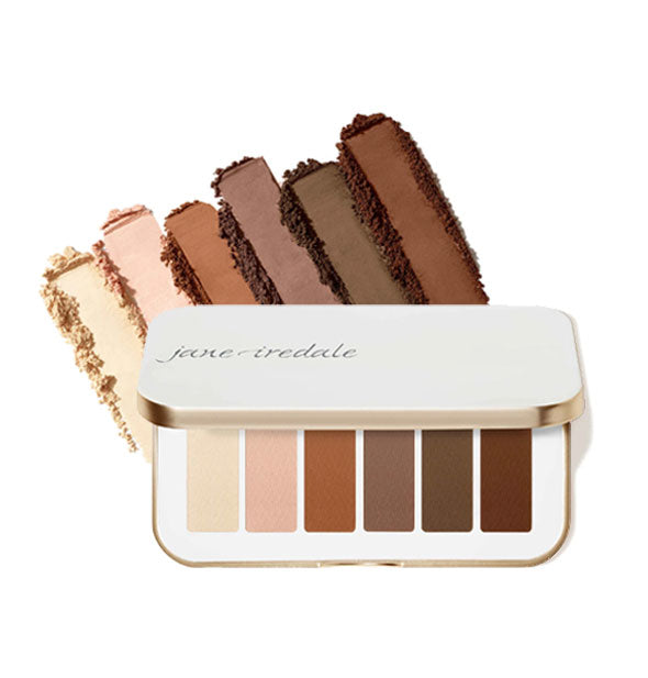 Opened white rectangular Naturally Matte Jane Iredale eye shadow palette features six shades in rich matte neutrals