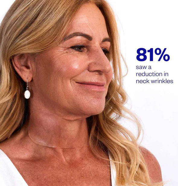 Smiling model wears a clear silicone neck patch alongside the caption, "81% saw a reduction in neck wrinkles"