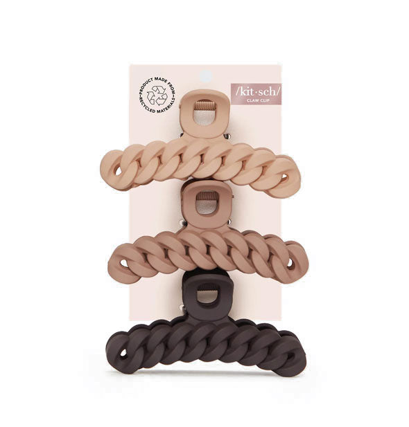 Pack of three hair clips featuring a braided/chain design in warm, neutral shades with a matte finish on a light pink Kitsch product card