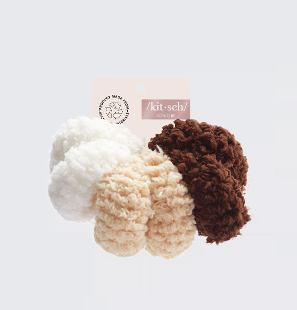 Pack of six fluffy cotton hair scrunchies made from recycled materials on a Kitsch product card: two are white, two are cream-colored, and two are brown
