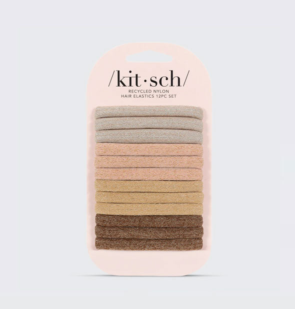 Pack of 12 Recycled Nylon Hair Elastics in shimmery neutrals on pink Kitsch product card
