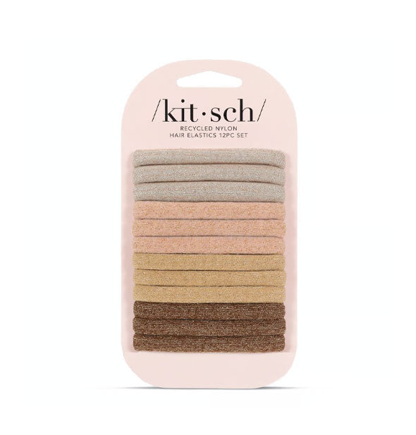 Pack of 12 Recycled Nylon Hair Elastics in shimmery neutrals on pink Kitsch product card