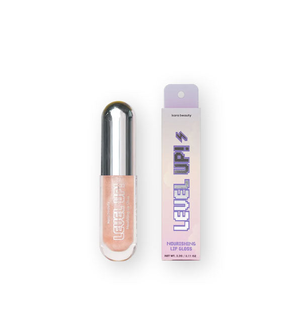 Rounded tube of peachy tinted Kara Beauty Level Up! Nourishing Lip Gloss with box packaging