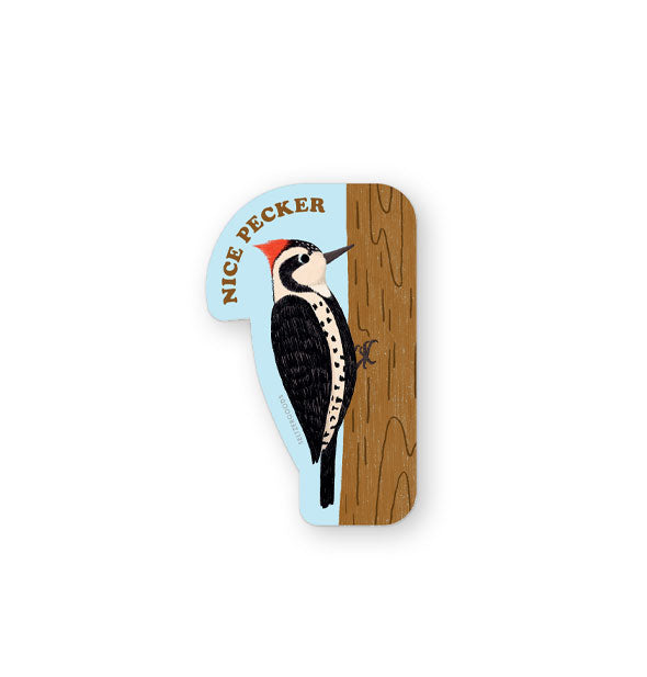 Oblong sticker features illustration of a woodpecker clinging to a tree trunk below the words, "Nice Pecker" in brown lettering
