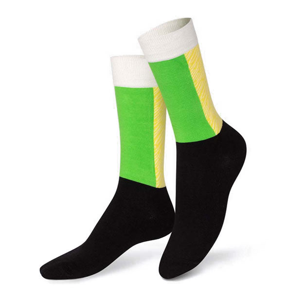 Pair of crew socks with black bottom halves and two-tone green and yellow top halves with white borders