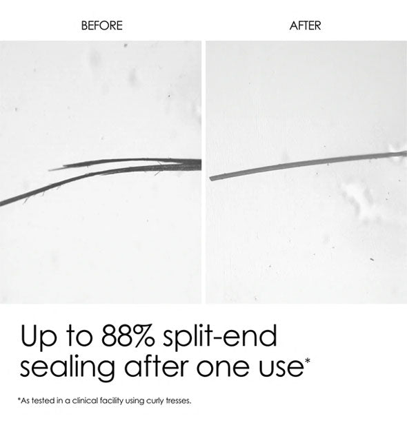 Side-by-side comparison of a hair fiber before and after treating with Olaplex No. 5 Leave-In is captioned, "Up to 88% split-end sealing after one use"