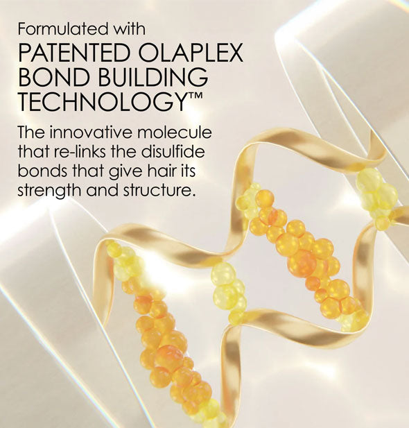 Illustration of a spiral-shaped molecule is captioned, "Formulated with patented Olaplex Bond Building Technology: The innovative molecule that re-links the disulfide bonds that give hair its strength and structure."